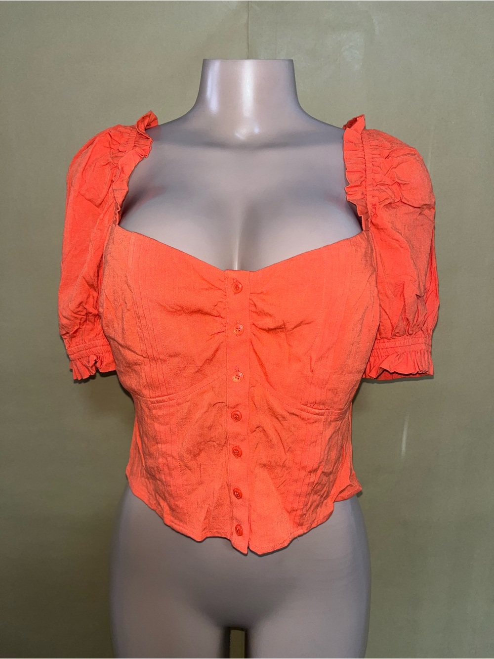 Guess Coral-Orange Puff Sleeve Ruffle Crop Blouse